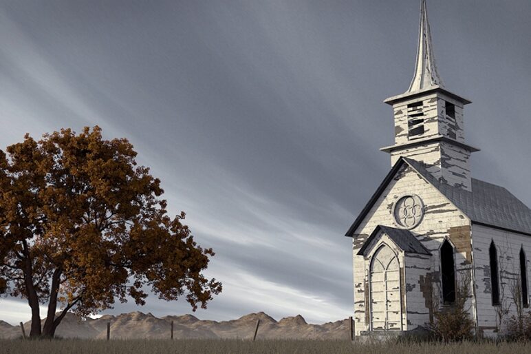 Gospel church under dark clouds in countryside